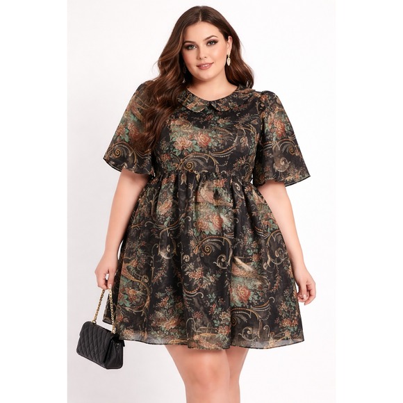 Selkie Lala Land Night in Paris Puff Dress 1X Black Floral Layered Mini Pheasant - Picture 3 of 16